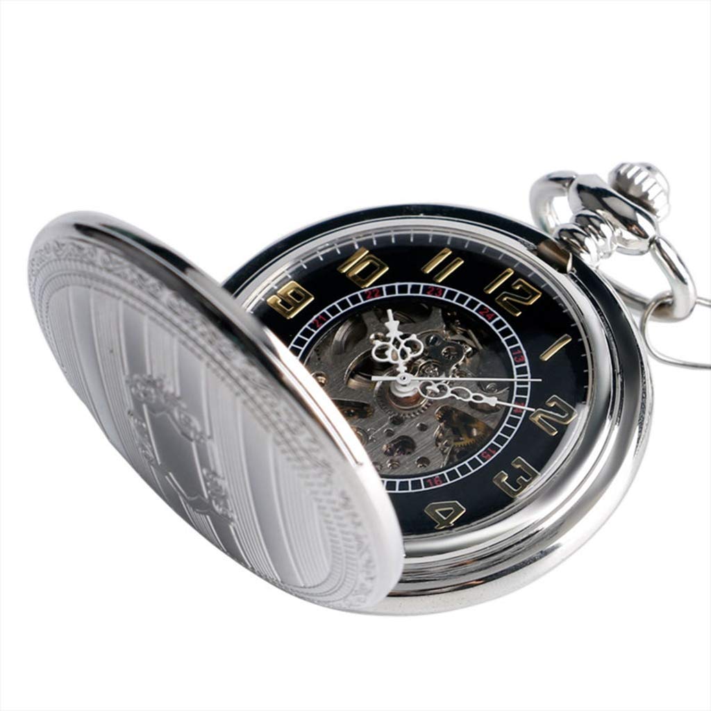 J-Love Reloj de Bolsillo con Cuerda automática, Esqueleto mecánico automático, Reloj de Bolsillo, diseño de Escudo Plateado Vintage, Esqueleto Negro con Cadena de 30cm