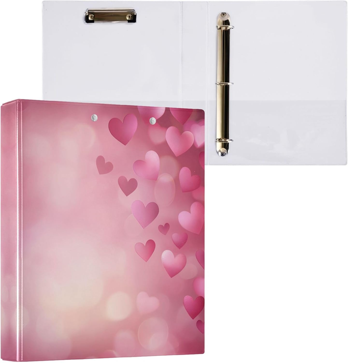 Valentine's Day Pink Hearts 3 Ring Binders, 1.5” Round Ring Binders with Clipboard - Letter Size, 3 Interior PVC Clear Pockets & Anti-Slip Clip for Office School Supplies, 2PCS