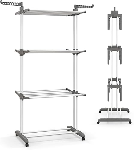 Tangkula Escurridor de ropa plegable de 4 niveles, estante de secado de gran tamaño con ruedas bloqueables y marco de metal a prueba de óxido,