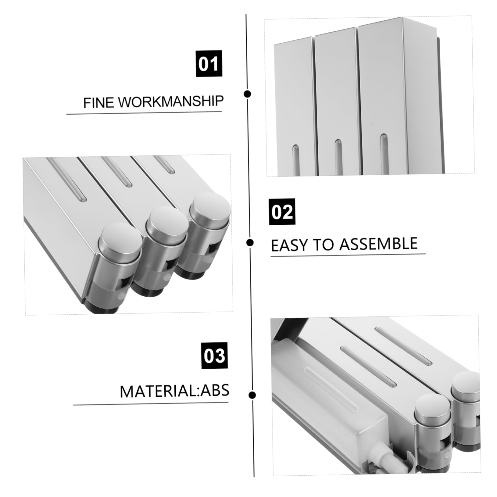 Dispenser Sapone da Muro Manuale a 3 Scomparti, Argento, Abs e Pvc, Design a 3 Teste, per Doccia e Bagno, Ricaricabile