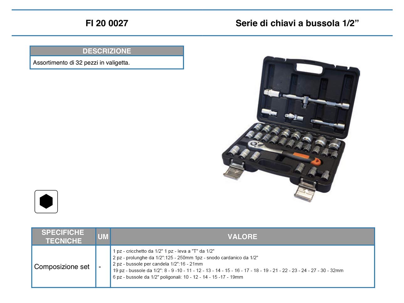 Valigetta professionale con serie di chiavi a cricchetto con bussole 1/2", prolunghe, snodo cardanico, assortimento di 32 pezzi - FI 20 0027 echoENG