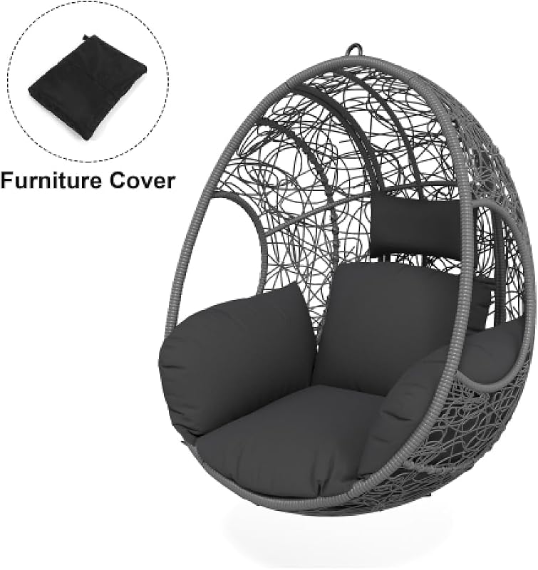 Calivox Wicker Swing Chair, Grey Outdoor Hanging Egg Chair Seat, Patio Porch Garden Hammock Chair for Backyard Balcony Lounge, Chair Only, No Stand image 3