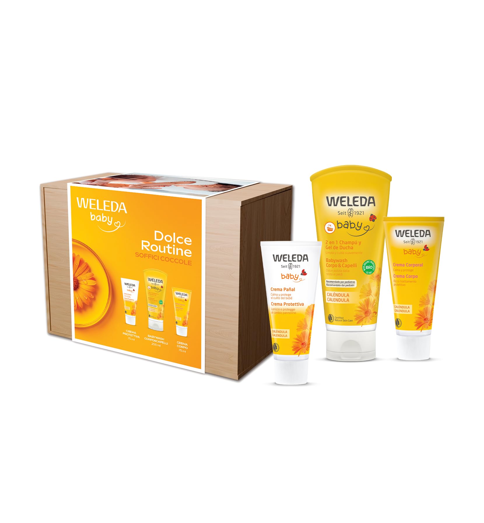 Weleda Kit Baby Dolce Routine, rituale di coccole per la pelle delicata dei più piccoli, contiente Babywash Calendula 200 ml, Crema Protettiva Calendula 75 ml, Crema corpo Calendula 50 ml