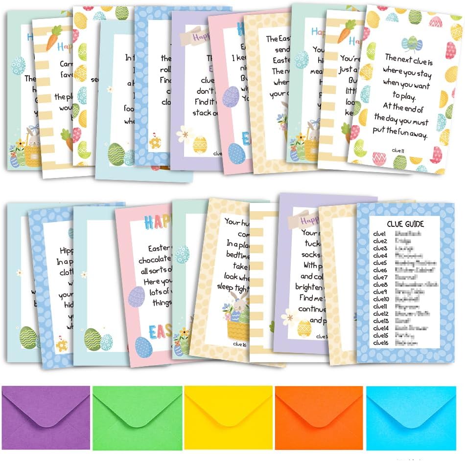 Easter Treasure Hunt Game, Indoor Bunny Scavenger Hunt, 16 Clues + 4 Blank Custom Clue Cards, Easter Treasure Hunt Clues -FHJHG01