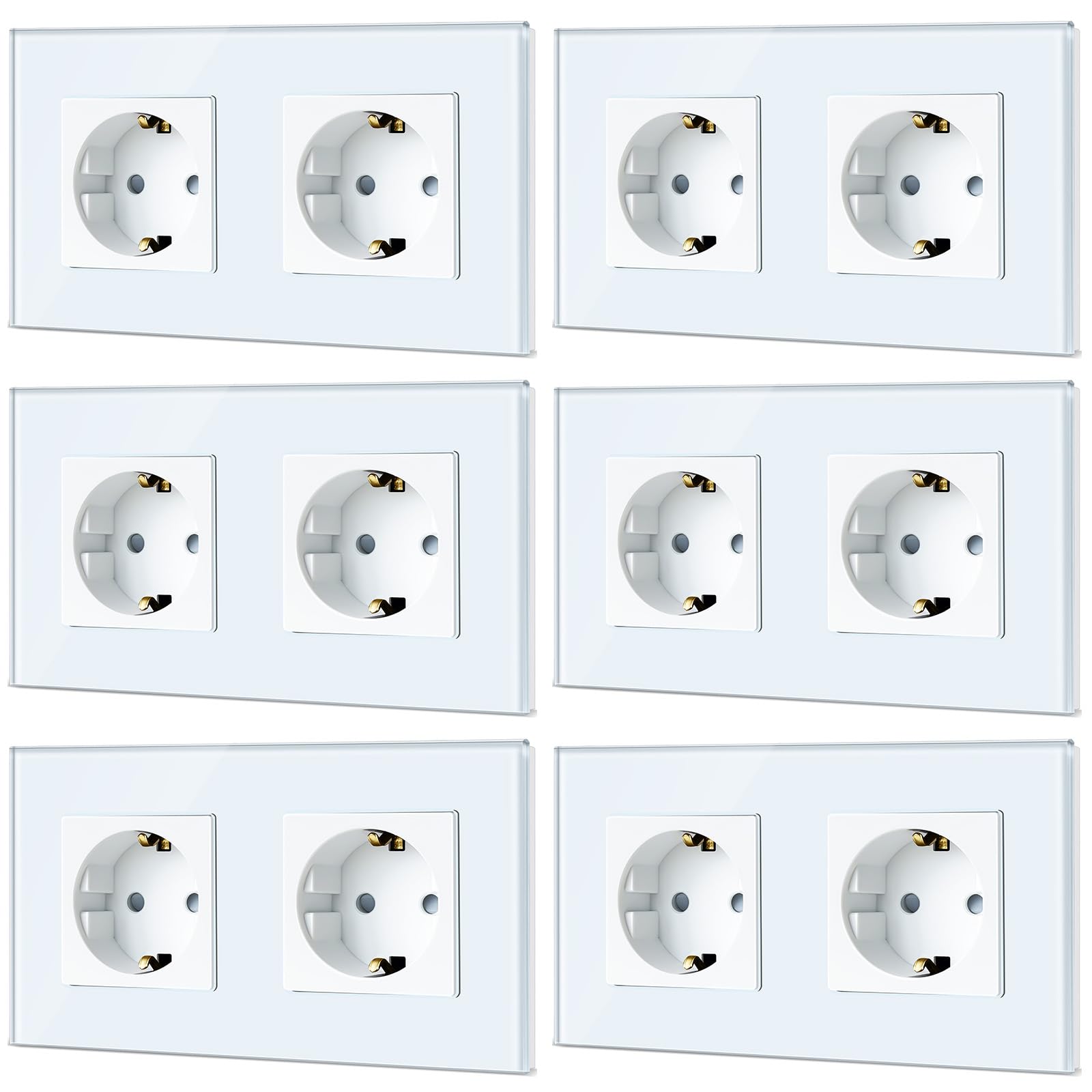TAWOIA Enchufe Schuko, estándar de la UE de 2 enchufes, de cristal, empotrable, con placa de cristal, doble pared, color blanco, 86 x 157 mm, paquete de 6 unidades