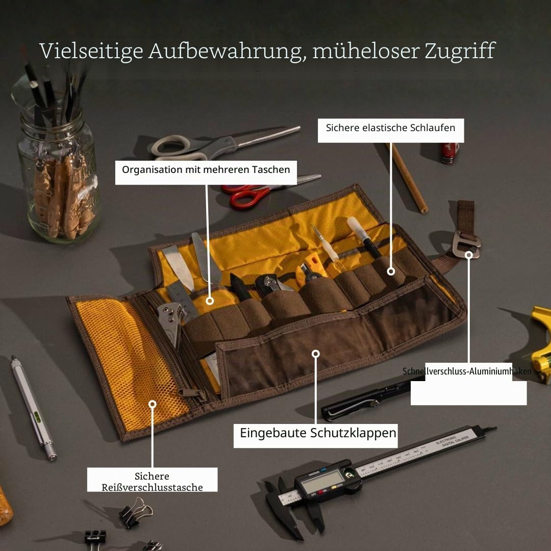 LOCHBY Werkzeugrolle, Mehrzweck-Werkzeugtasche, Stiftrolle – gewachste Leinwand und Aluminiumhaken – stilvoll und langlebig für den täglichen Gebrauch, Reisen und Kunst