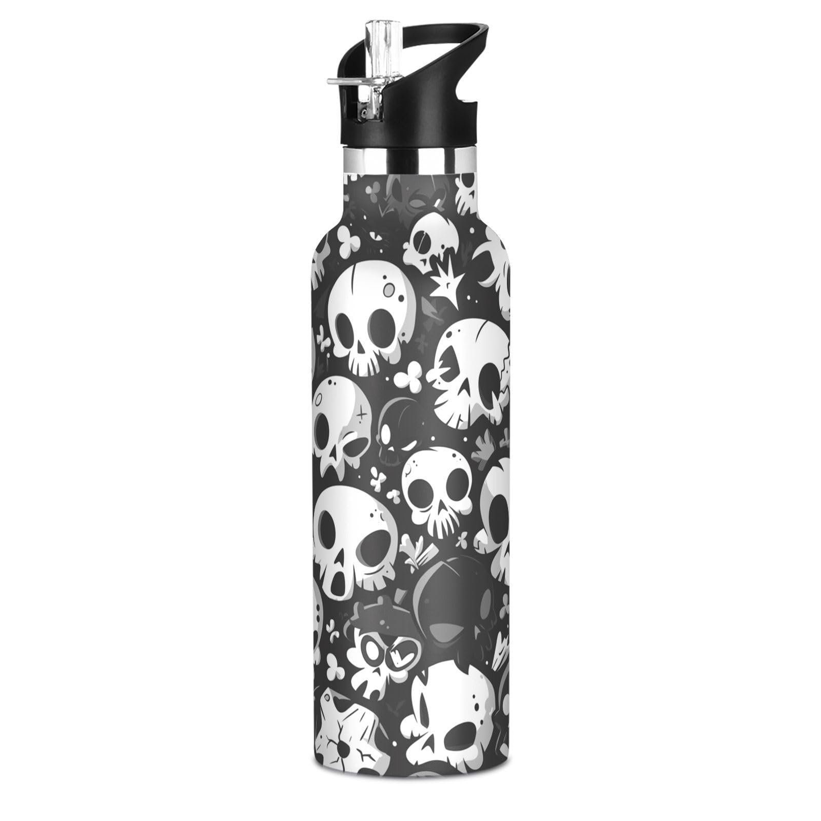 Kaaviyo Boys Pattern Skulls Dark Water Bottle Stainless Steel Jug Insulated Vacuum Cup For Girls(600Ml)