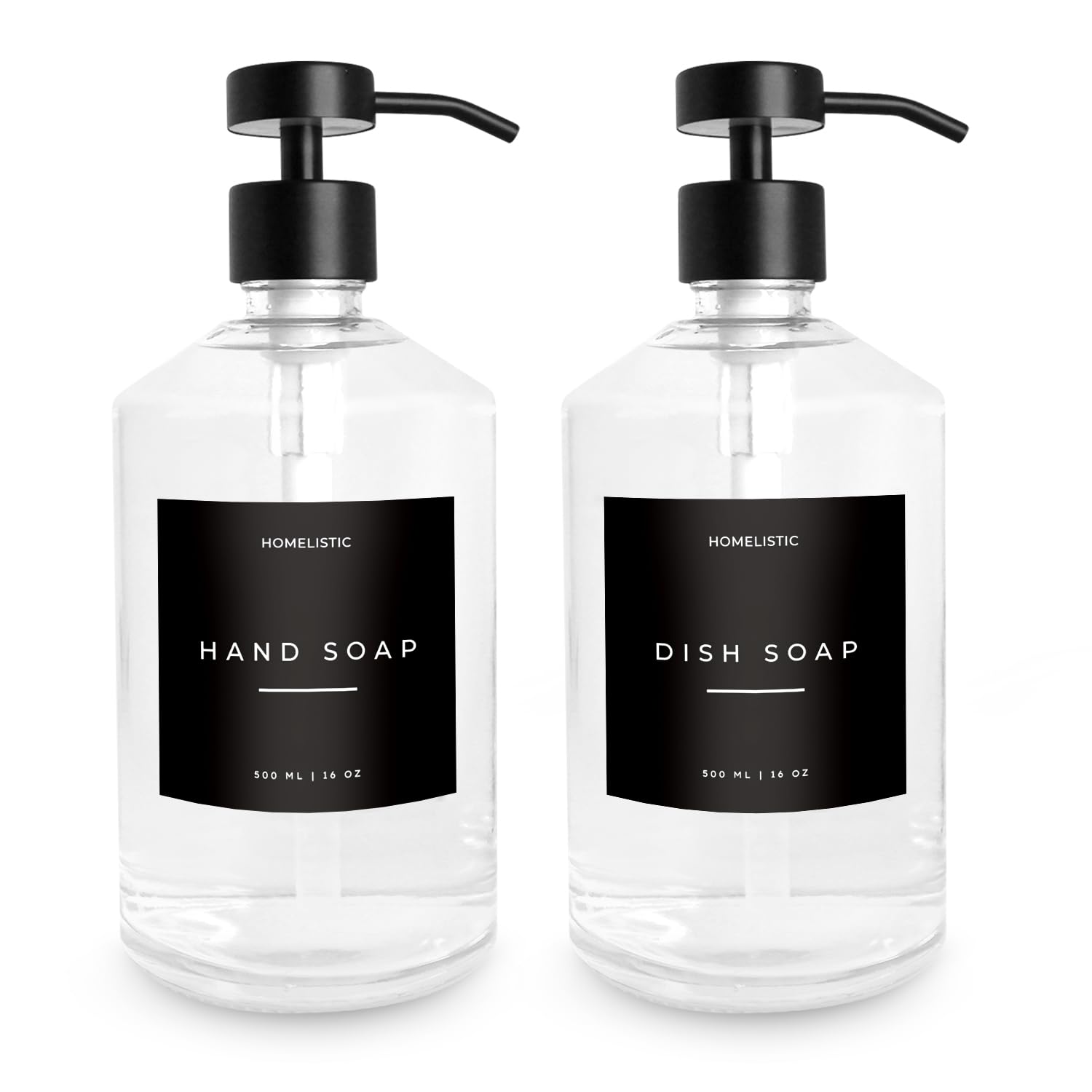 Luxury Glass Soap Dispenser Set of 2 - Elegant Clear Glass Bottles with Matte Black Stainless Steel Pumps, Kitchen Soap and Bathroom Hand Soap