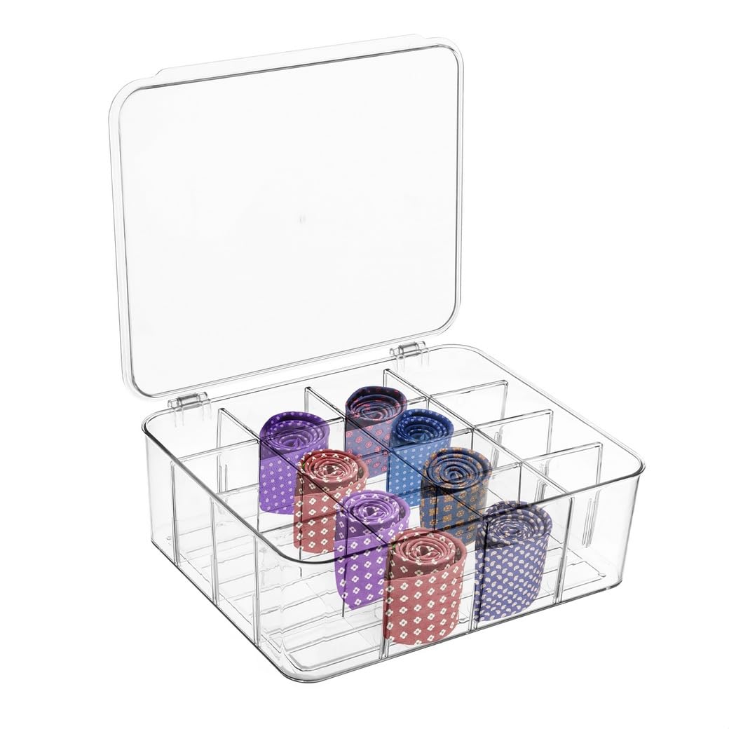 Caja organizadora de corbatas transparente de 16 celdas, cajón apilable con tapa, organizador para corbatas, calcetines, ropa interior, sujetadores, solución de almacenamiento de clóset