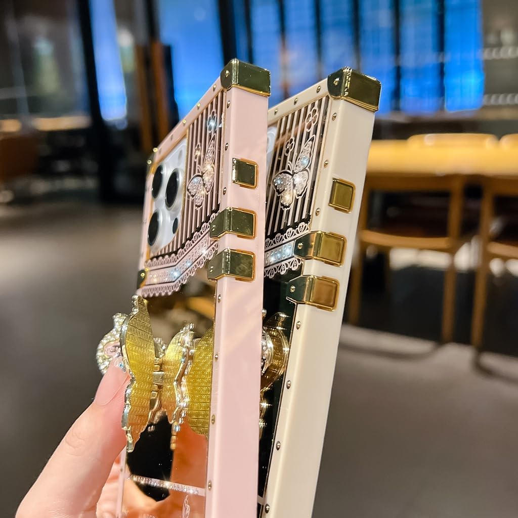 Cute Compatible with iPhone 16 Pro Max Case with Luxury Bling Glitter Butterfly Foldable Stand Kickstand,Girly Soft PC Mirror Bumper Protective Cover for Women & Girls(Light Gold) - Image 4