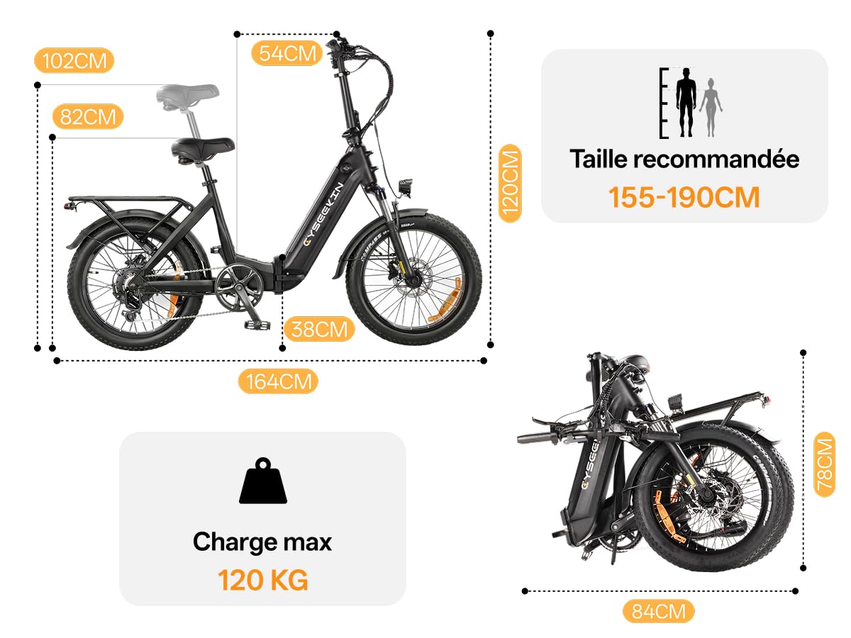 C20 E Bike Vélo pliant 20 x 3,0 avec freins hydrauliques, batterie 48 V 15,6 Ah jusqu'à 120 km, moteur 250 W 25 km/h, écran couleur LCD Shimano 7 vitesses Vélo électrique pour homme et femme