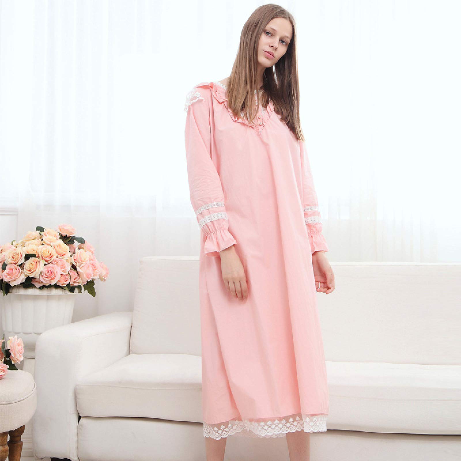 OFFSUM Camicia da Notte Donna - Spring Plus Size Round Neck Casual Lingerie Dress Fashion Elegant Princess Nightdress Solid Color Cotton Nightgit