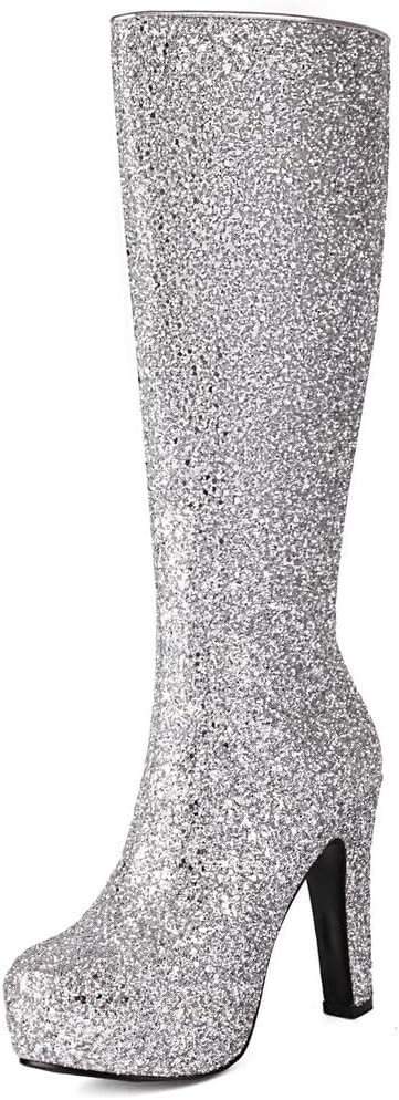 KOKOMOMO Sparkly Glitter Knee High Platform Boots Sequin Chunky Knee High Heeled Boots With Zip Up Wedding Party Shoes
