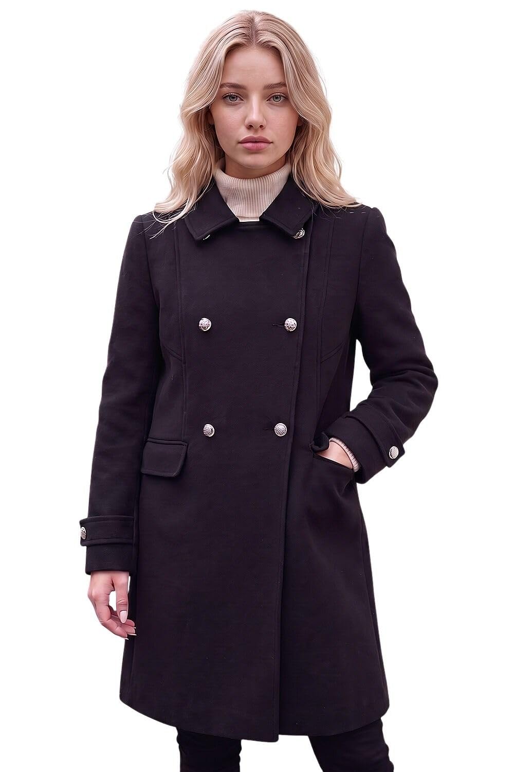 Roman Women's Petite Double Breasted Military Coat in Black | Size: 14