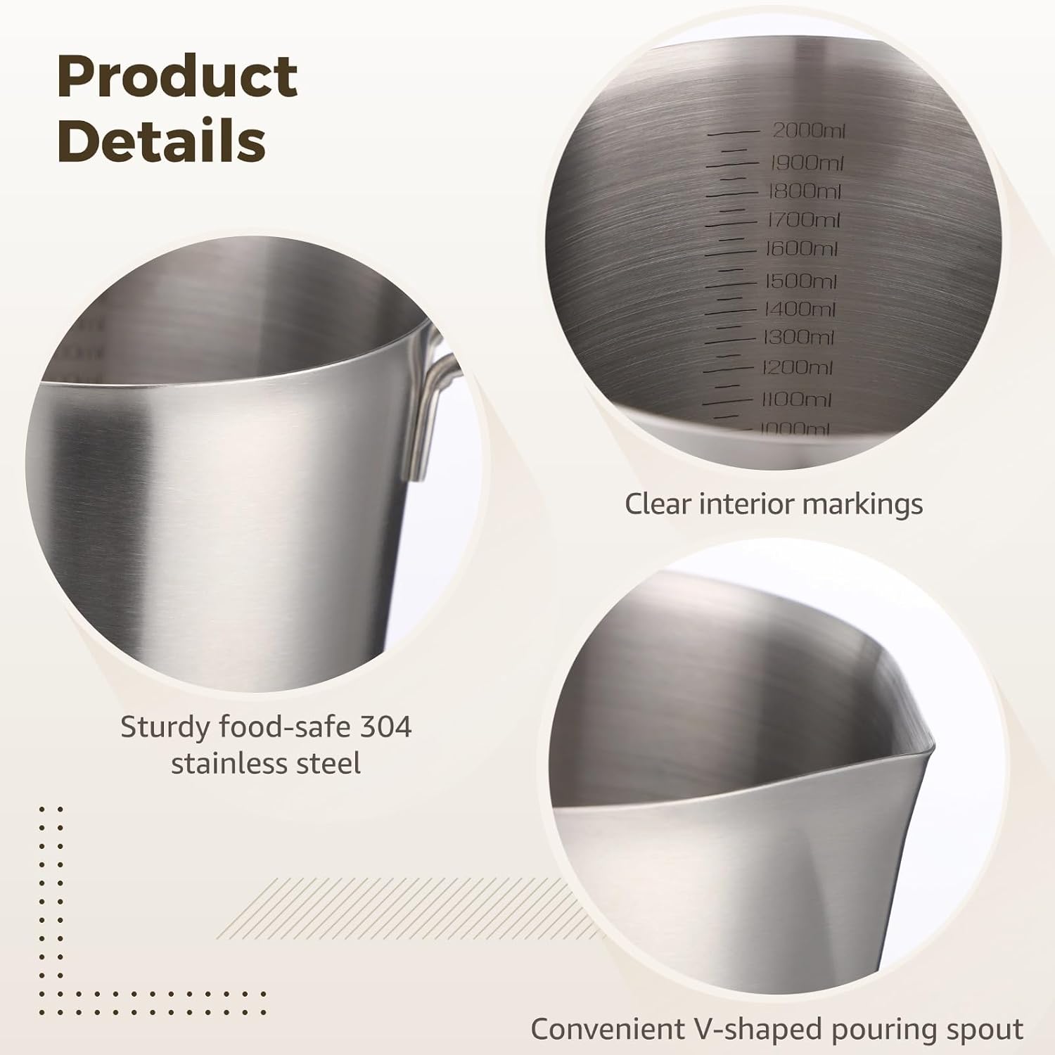 2 Pcs Stainless Steel Measuring Cup with Lids, 67.6 oz Wide Mouth 304 Kitchen Pitcher with Scale and Handle for Baking, Milk Frothing, Latte Art, Hot/cold Water
