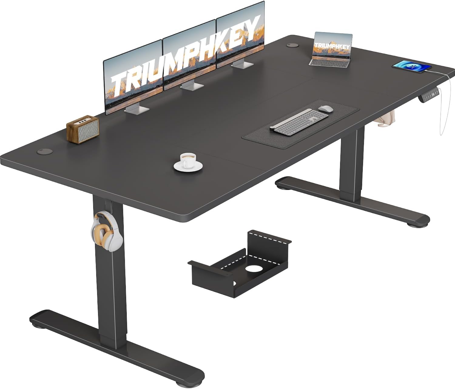 Height-Adjustable Desk, 180 x 80 cm, Large Memory Control, Anti-Collision Gaming Table, Computer Desk, USB Socket, Wheels, Black