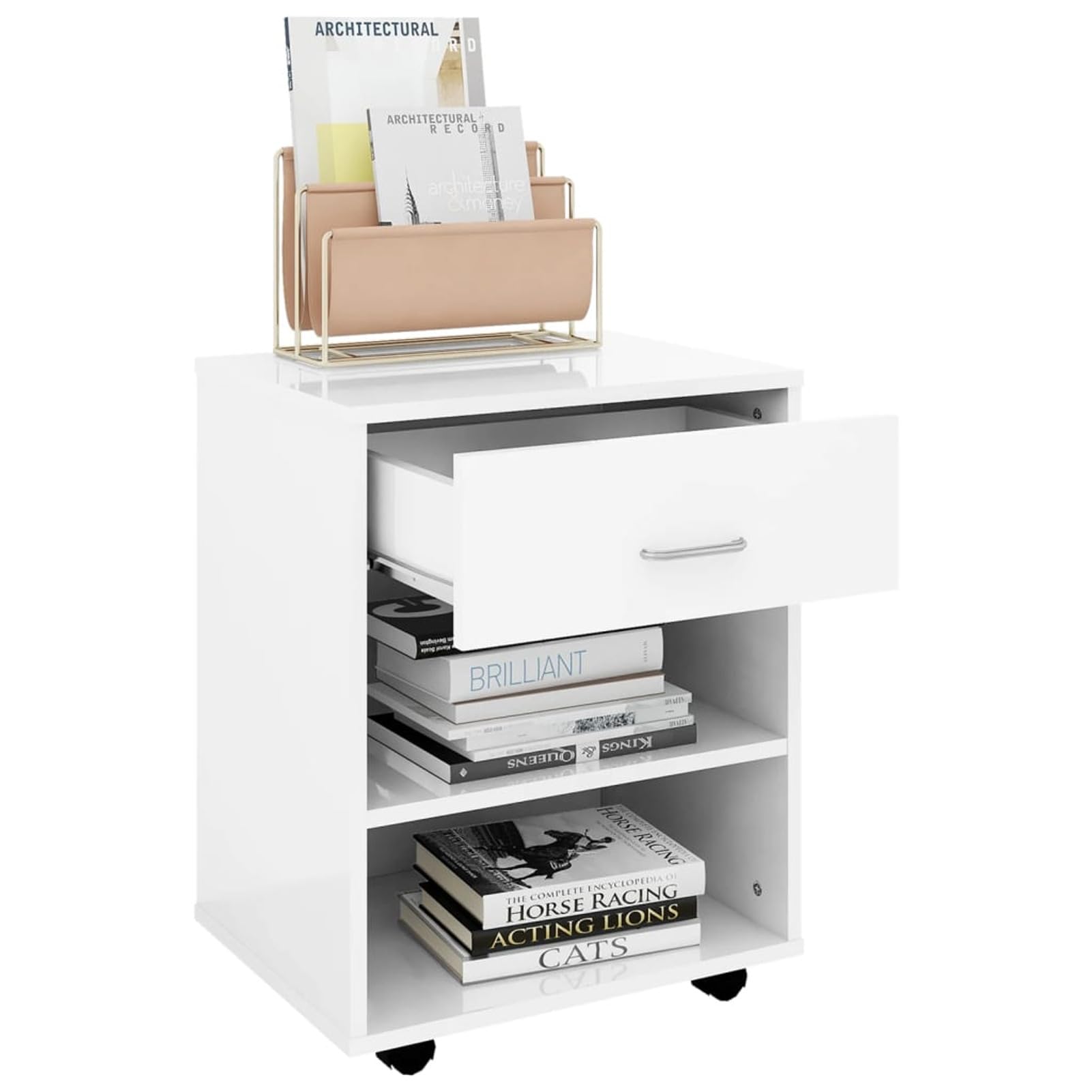Mobiletto con Ruote Bianco Lucido 46x36x59 cm Legno Multistrato,Mobiletto con Rotelle,Armadi Archivio,Mobiletto Basso,Mobiletto-808473