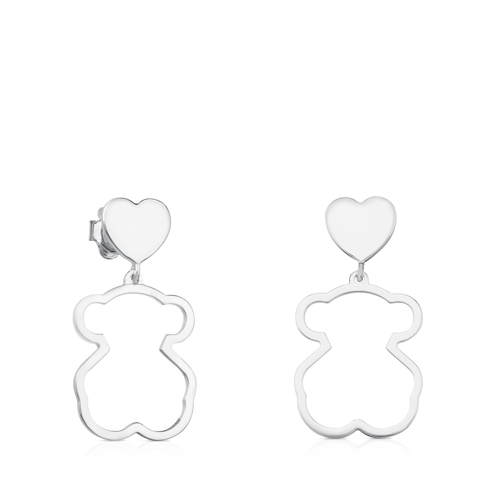 TOUS Pendientes de Plata de Primera Ley para Mujer con Cierre a Presión, con Motivo Oso Silueta y Corazón, Simples y Elegantesl, Colección Silueta