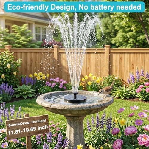 AMZtime Solar Fountain for Bird Bath, Upgrade Solar Water Fountain Mini Free Standing Solar Water Pump with 4 Fixing Rods, 6 Spray Modes for Garden, Pond, Pool & Outdoor - 1