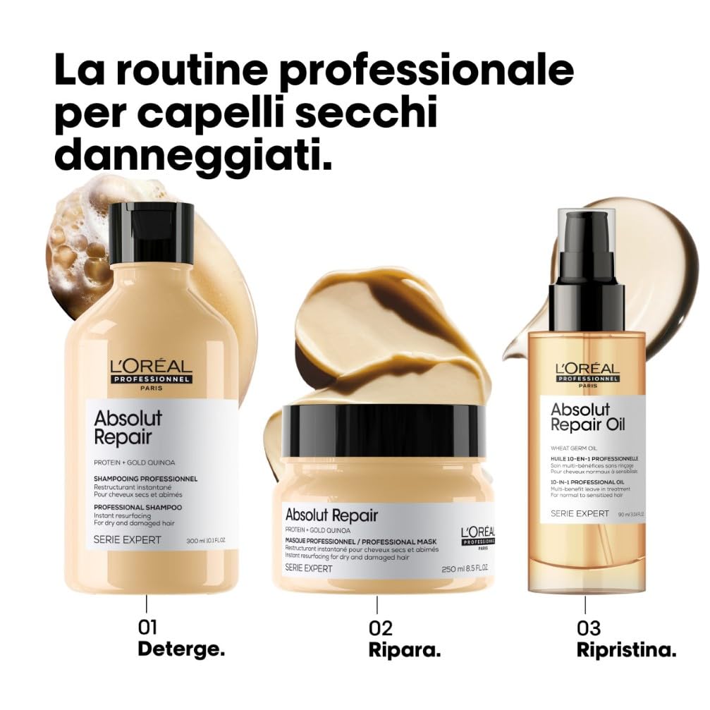 L'Oréal Professionnel Paris Kit Shampoo + Ricarica Professionale per Capelli Secchi e Danneggiati, Formula Ristrutturante, Meno Danni, Absolut Repair, 300ml + 500ml