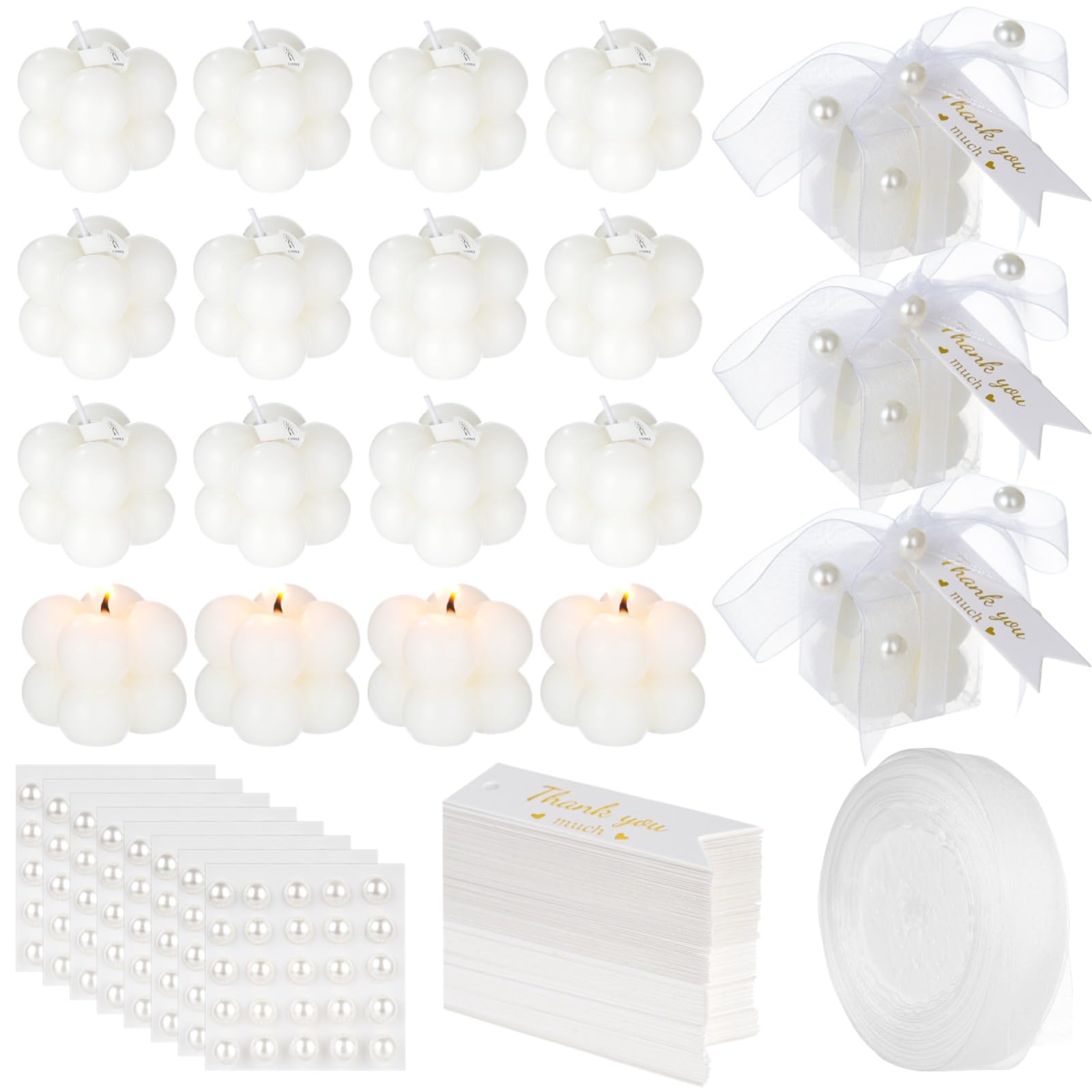 32 Stk. Mini weiße Bubble-Kerzen, Geschenkbox mit 35 Dankeskarten, Band, Aufklebern und Schere, Gastgeschenke für Hochzeit, Brautparty und Taufe, für Tischdeko und zum Verschenken