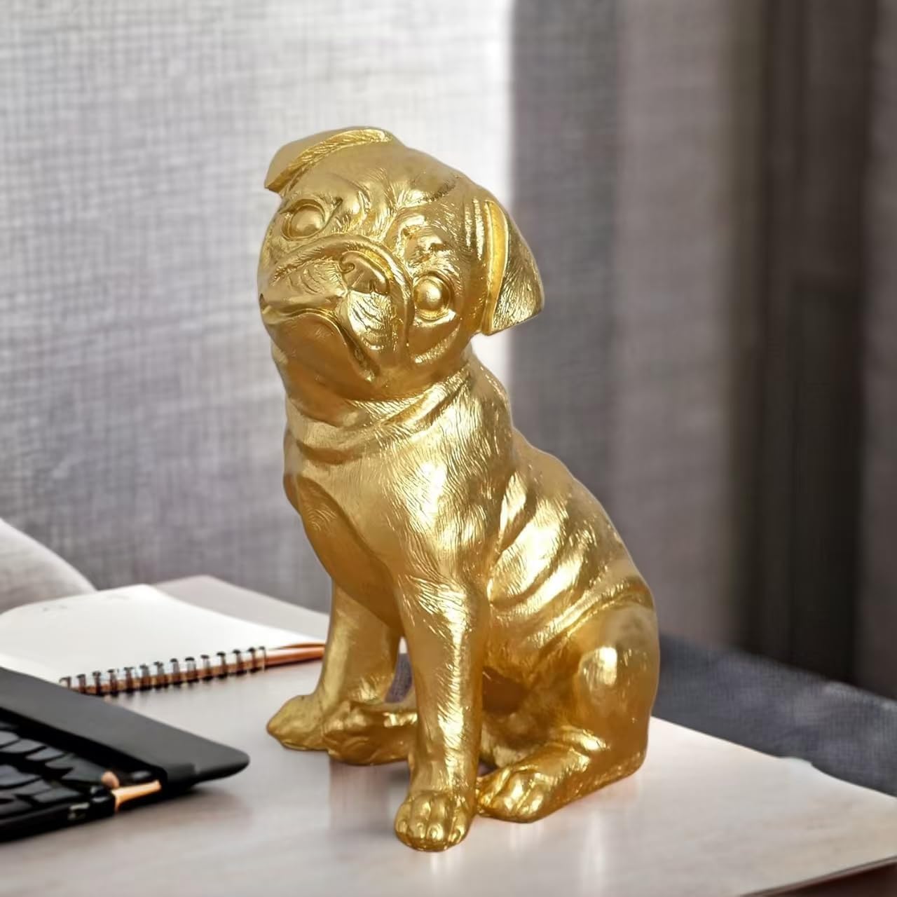 Gold Pug Sculpture Home Decorations Puppy Animal Ornaments Resin Statue Metallic Look Dog Figure for Living Room or Garden Patio Lawn (Gold Pug)