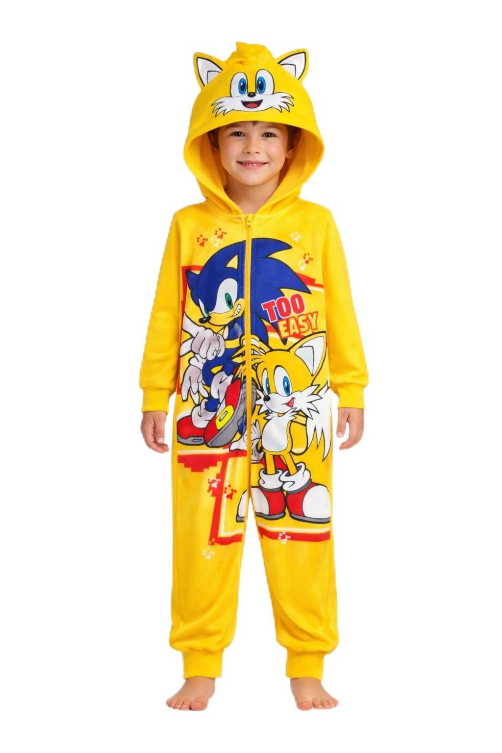 Sonic The Hedgehog, Boys or Girls Hooded Onesie, All in One Pyjamas, Tails, Yellow, Age 9-10 Years