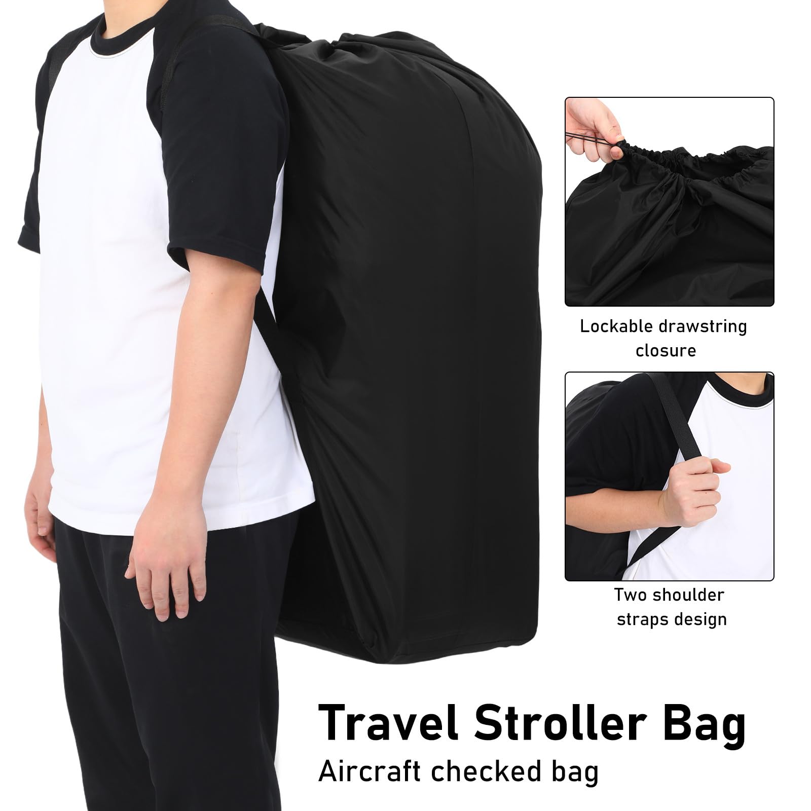 Borsa da Viaggio e Chiusura Coulisse per Passeggino in Nylon Nero Doppia Tracolla per Proteggere Passeggino Durante Viaggi in Aereo in Auto