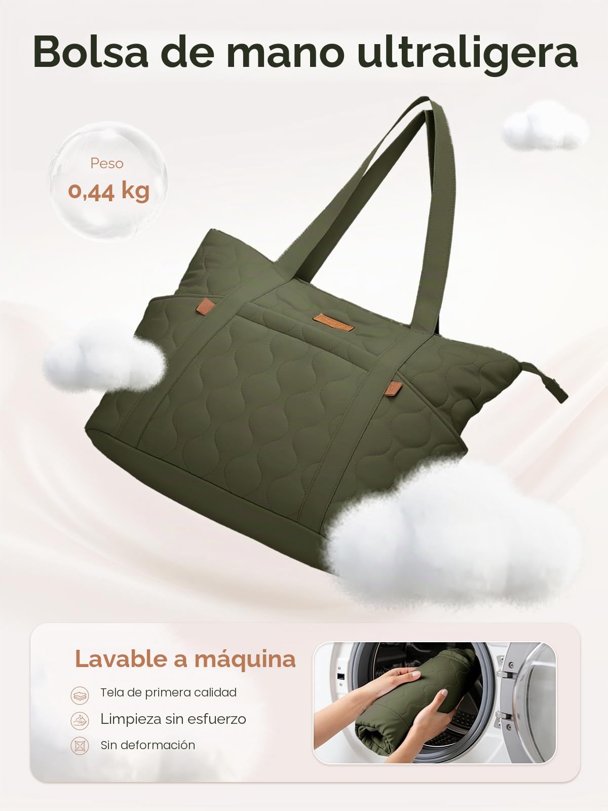 Bolso Tote Mujer Grande, Bolso Shopper Acolchado Ligero con Compartimento para Portátil de 15,6", Bolsa de Hombro con 8 Bolsillos para Trabajo, Universidad y Viaje