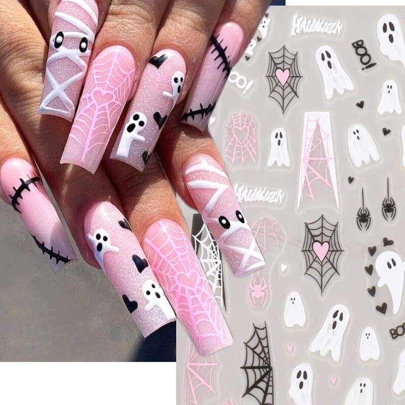 Miniatura 6 de 6 hojas de calcomanías de Halloween para decoración de uñas de calabaza, calcomanías 3D autoadhesivas para uñas de Halloween con diseño de telaraña