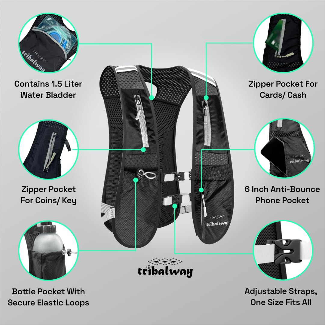 Running Vest – Hydration Vest for Men & Women, Breathable Running Backpack, Reflective Strips, Phone Holder, Water Bottle Holder