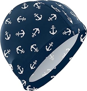 Dallonan Swimming Cap White Anchors Blue Unisex Adult Swim Cap Polyester