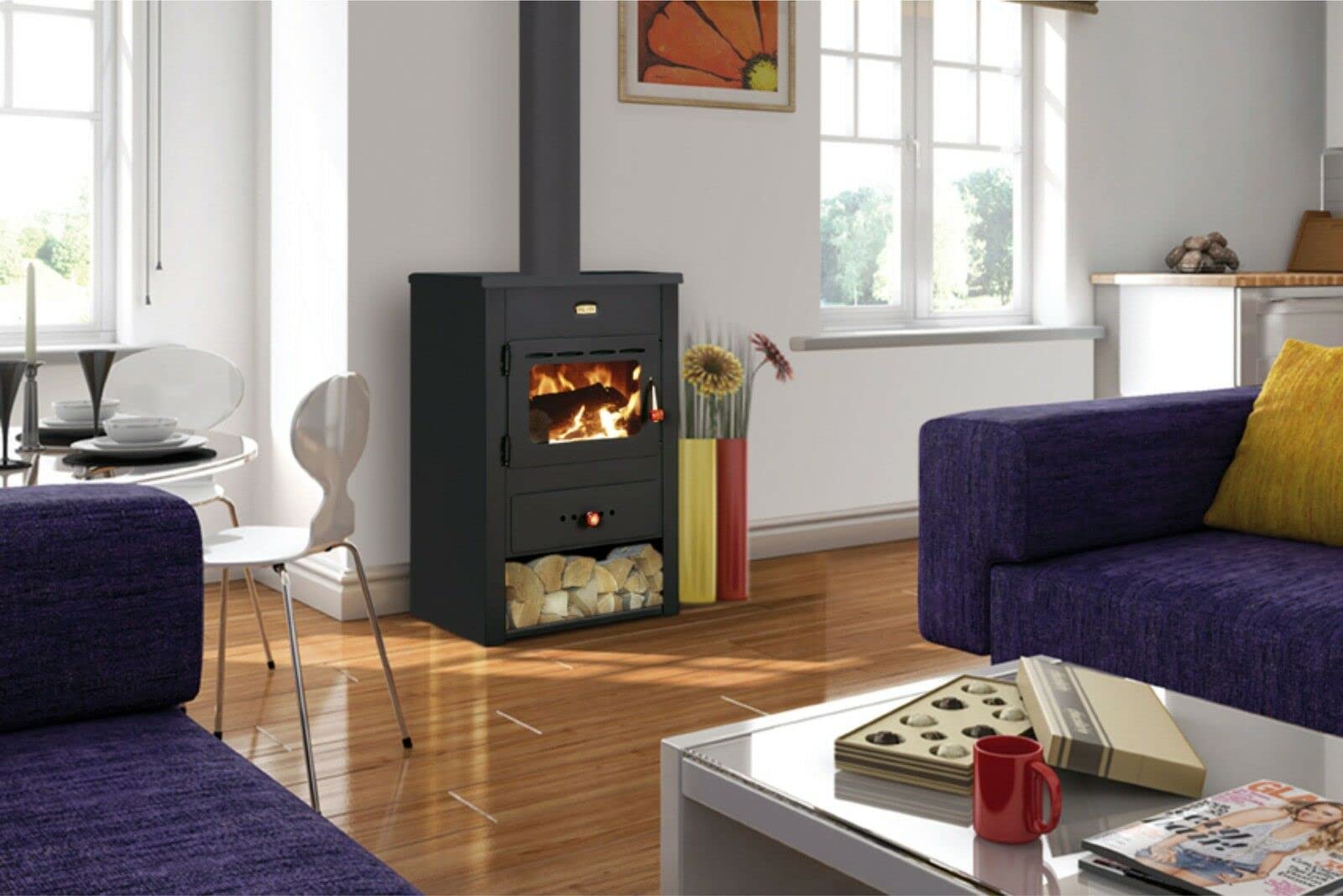 Prity K1CPW8 - Stufa a legna in ghisa, con rivestimento ad acqua e caminetto