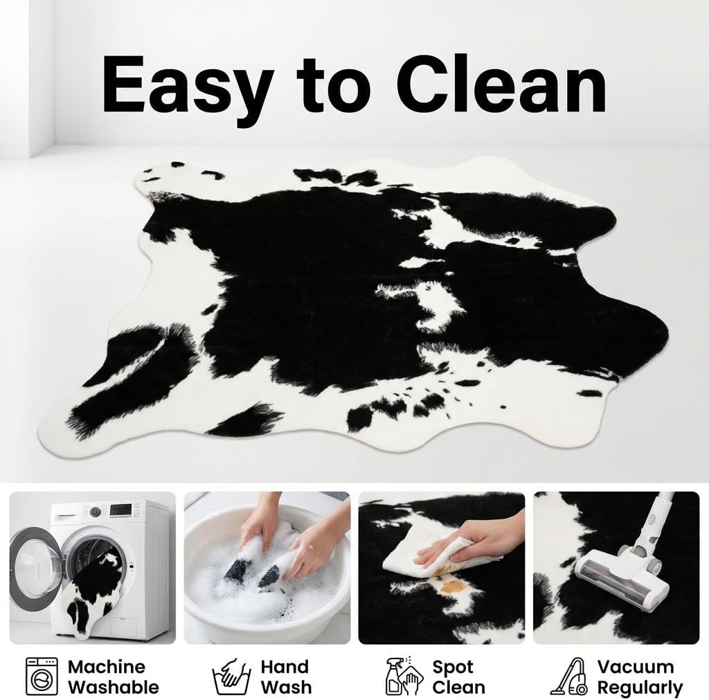 Cow Print Area Rug, Faux Cowhide Rug, Modern Farmhouse Western Living Room Bedroom Carpet Decor, Non-Slip 4'7" x 5'3"（140x160cm）