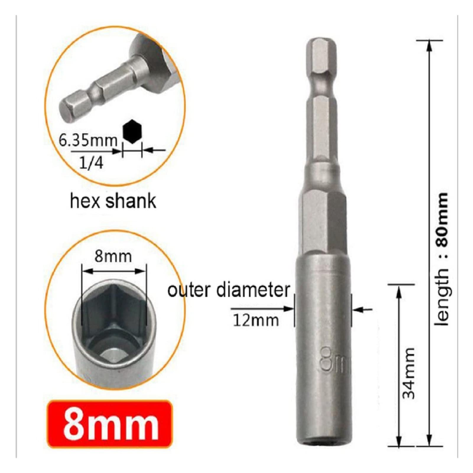 Destornillador de Impacto de 80 mm, 8 Unidades, Taladro, Adaptador de Vaso magnético Hexagonal de 1/4", Tuerca de Impacto, Taladro para Herramientas de Impacto.