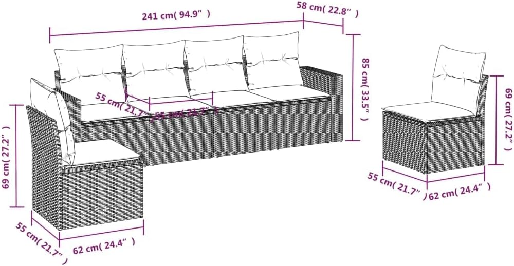 vidaXL Patio Sofa Set with Cushions - 6 Pieces, Black Poly Rattan Modular Outdoor Furniture for Garden, Patio, Terrace - UV- with Removable Covers