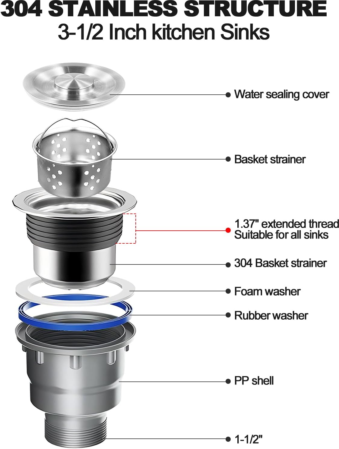 Kitchen Single Sink Drain Kit Space Saving Flexible Pipe 1 1/2" P-Trap with 3-1/2 Inch Sink Drain Assembly Kit 304 Stainless Steel