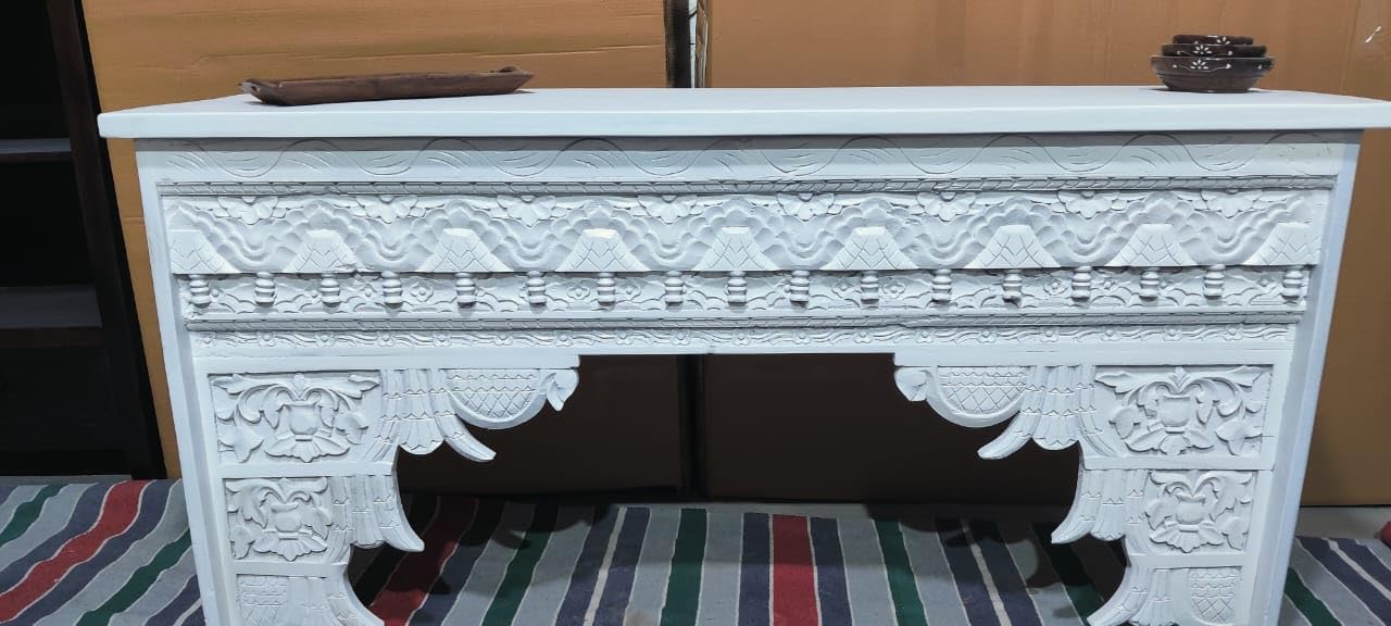 Solid mango wooden Antique Hand Carved Sideboard Cabinet for Living Room/Hotel/Entryway/Hallway in White Finish 40D x 120W x 77H-image-17