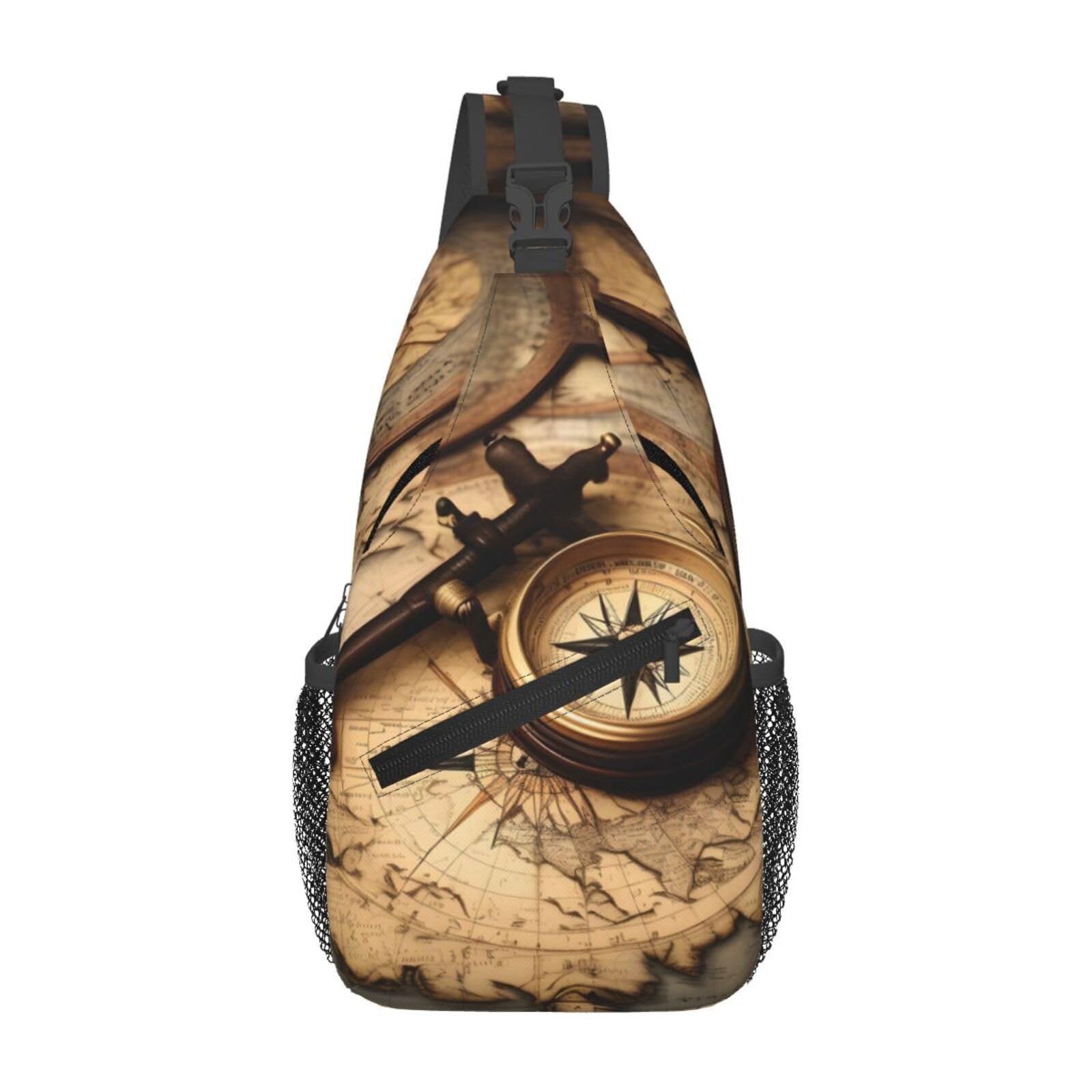 Compass and Old World Map Print Sling Bag Crossbody Shoulder Backpack Chest Pack for Hiking Travel Climbing