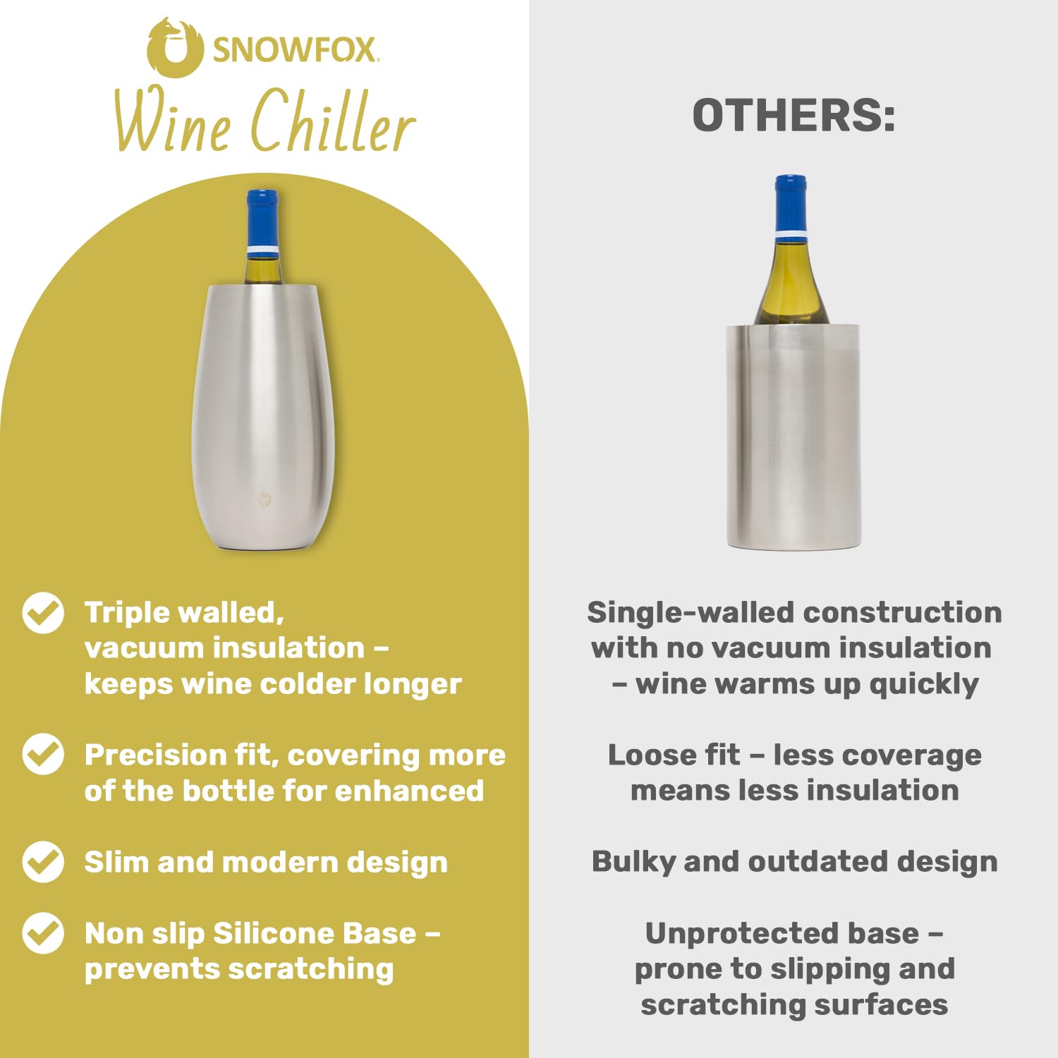 SNOWFOX Premium Vacuum Insulated, Triple Walled, Stainless Steel Wine Chiller w/Optimal fit to keep wine cold longer. Fits most Wine and Champagne Bottles. Non-Slip Silicon Base, Shimmer Gold — Amazon image 7
