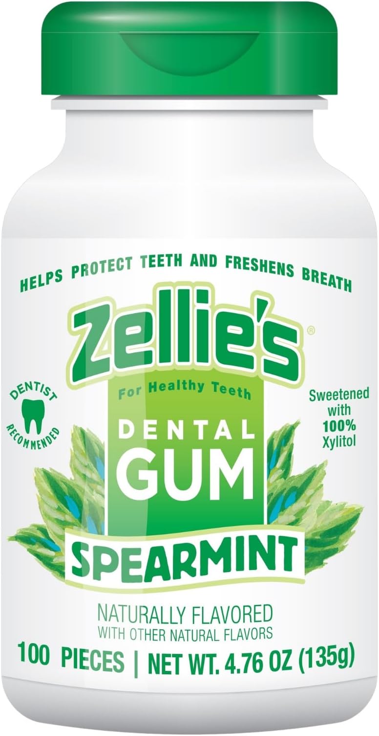 Zellie's | 100% Xylitol Spearmint Chewing Gum | No Aspartame, Gluten Free, Vegan & Kosher (100 Count - Pack of 1)