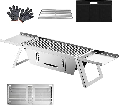 Foldable Small Charcoal Grill Portable Stainless Steel Charcoal Grill Perfect for 2-3 Outdoor Enthusiasts Ideal for Camping, BBQ, Picnics Tailgating Includes Gloves & Carry Bag