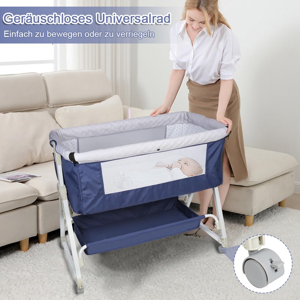 Cuna 3 en 1 de Viaje con Ruedas y colchón,Cuna colecho pórtatil Regulable en Altura a 5 velocidades, Cuna con Bolsillo Lateral de Transporte, para Bebés de 0-5 Meses (95x50x98 - 110cm (azul azafrán))