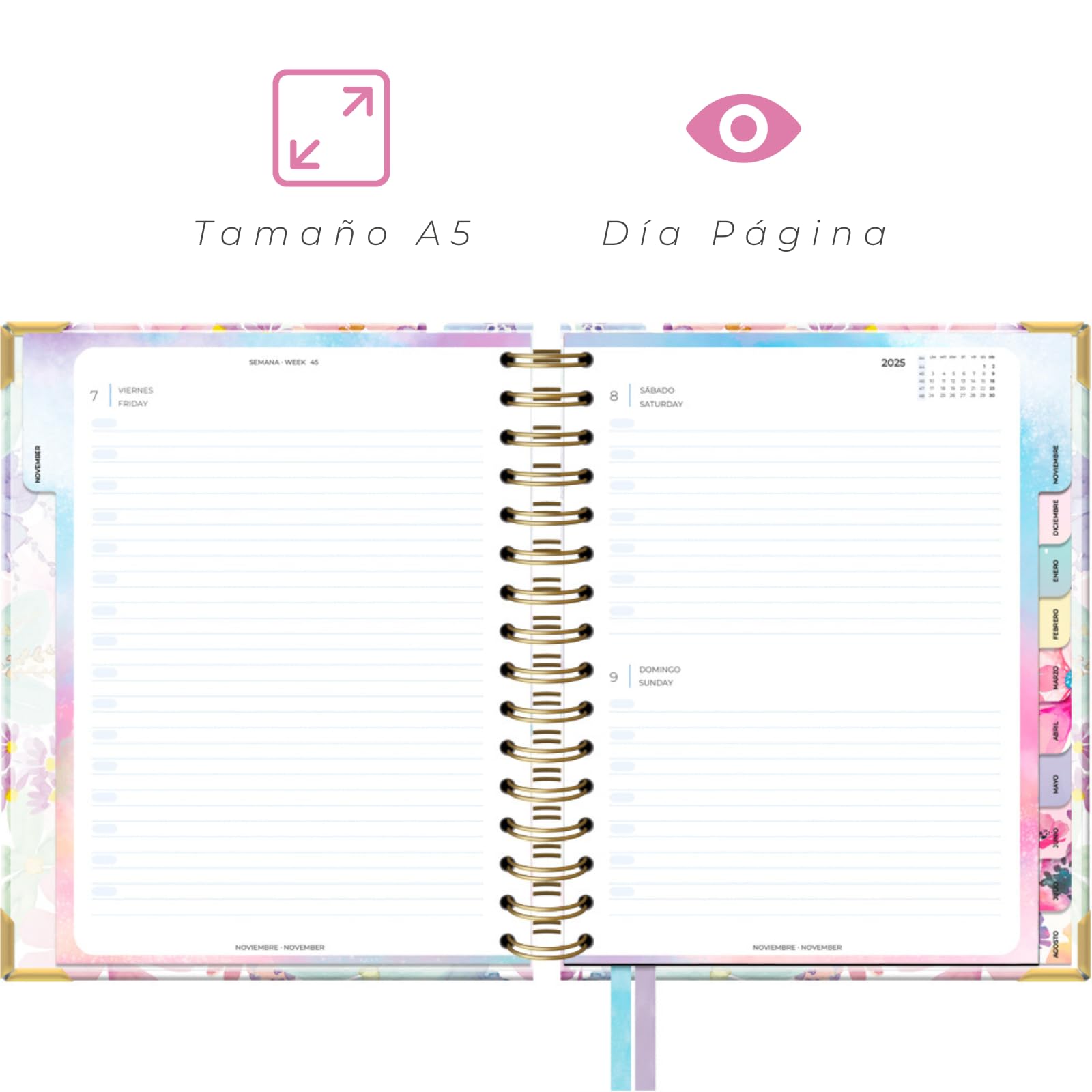 Takenote Academic Diary 2025 2026 - A5 Size (16.5x20.5 cm), Day per Page, Academic Format September to August, Double Wire-O Binding, Bilingual: Spanish & English - Violet - Image 2