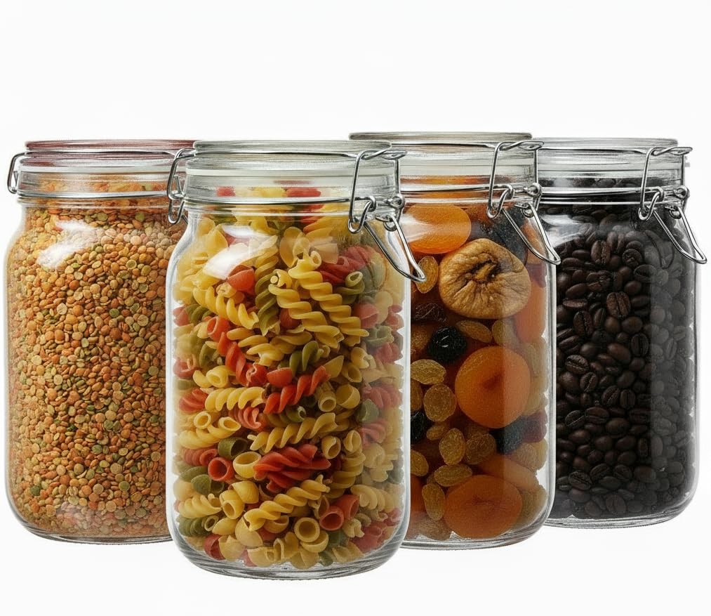 Star Work Air-Tight Mason Glass Jars with Buckle Lids for Home (1500ml, Set of 4)Transparent