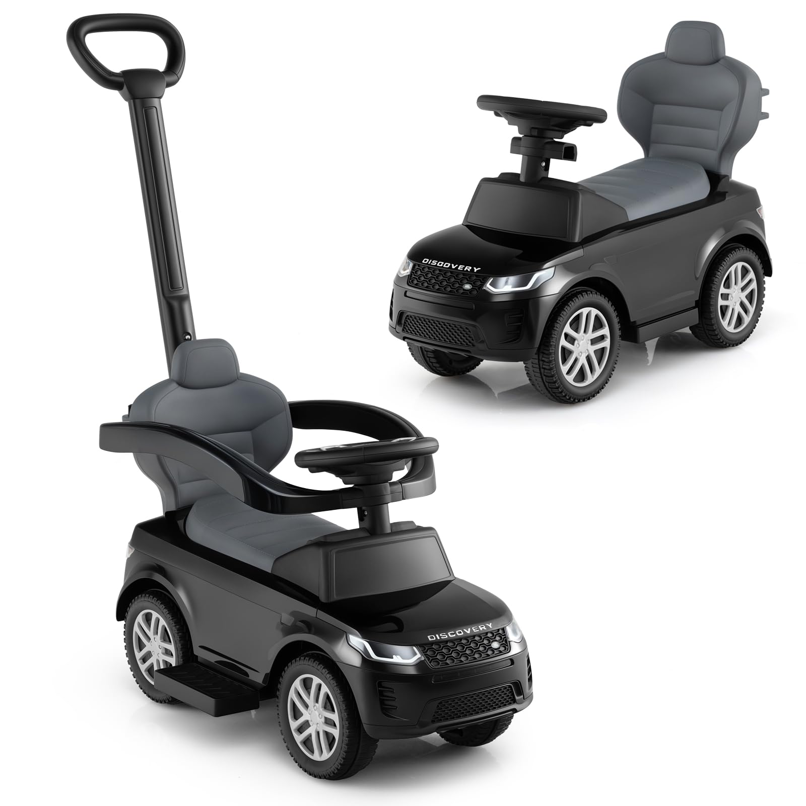 Licensed Landrover Push Car for Toddlers by INFANS, 3 in 1 Sliding Walking Car with Push Handle, Horn, Music, Underneath Storage, Foot-to-Floor Ride on Toys for Boys Girls (Black)
