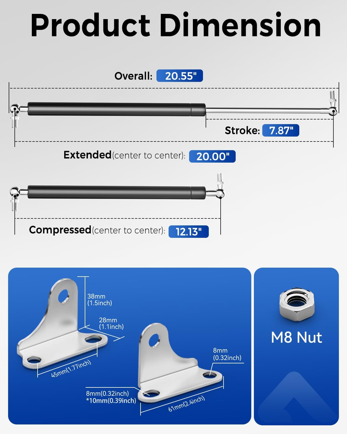 20 inch 200 LB Gas Prop Struts Shocks with L Mounting Brackets, 20" 889 N Lift-Support Gas Spring for Heavy-Duty Floor Hatch Trap Door Murphy Bed, 2Pcs Set