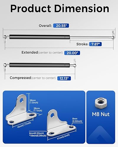 Miniatura 6 de ARANA Soportes de gas para tapa pesada de 20 pulgadas, 150 libras, amortiguador resistente con soportes, resortes de elevación hidráulicos