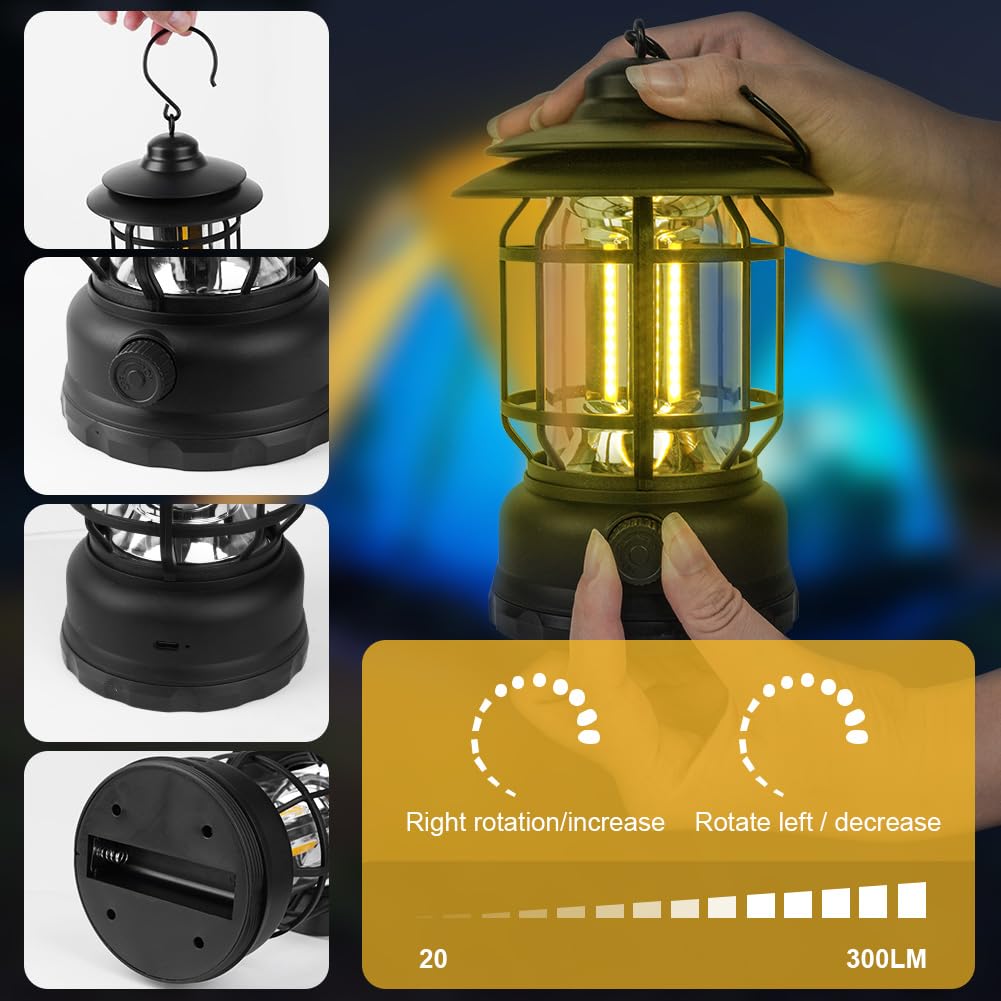 Flintronic Lanterne de camping rechargeable, lampes de camping LED rétro avec gradateurs rotatifs, lumière de tente COB portable à suspendre pour le camping, lumière de camping vintage pour la