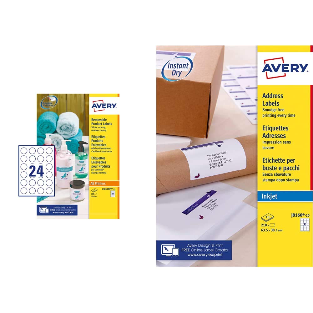 AVERYL4851REV Self Adhesive Removable Round Labels, 24 Labels Per A4 Sheet, 600 Labels & Avery Self Adhesive Address Mailing Labels, Inkjet Printers, 21 Labels per A4 Sheet, 210 Labels, White